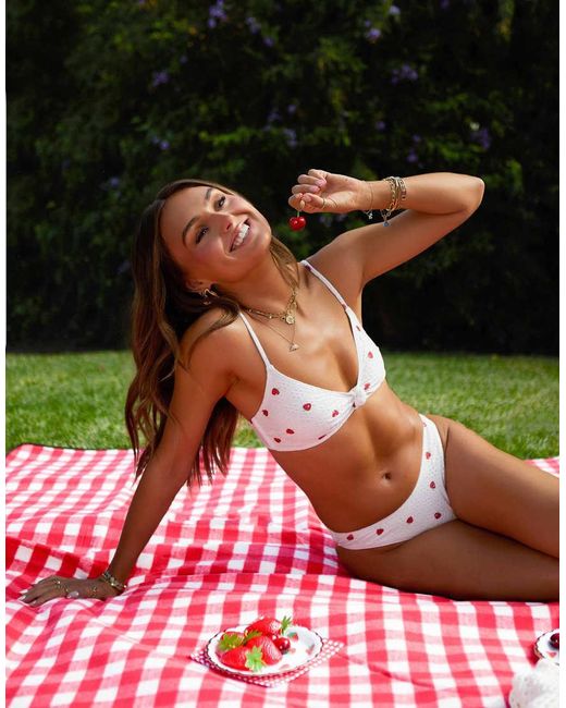 South Beach Green X Misha Grimes Strawberry Print Broderie Knot Front Bikini Top