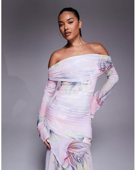 ASOS Purple – langärmliges maxikleid aus stretch-chiffon mit blumenmuster, carmen-ausschnitt und rüschensaum