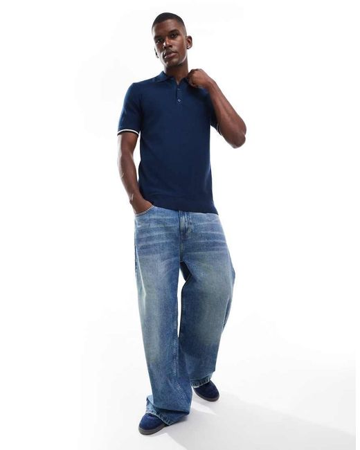 Superdry Blue Knitted Texture Short Sleeve Polo Shirt for men