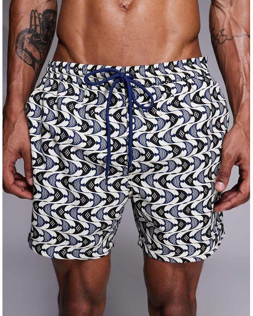 South Beach Blue Fish Print Swim Shorts for men
