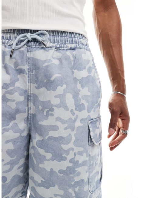 Armani Exchange Blue Tonal Camo Pattern Denim Shorts for men