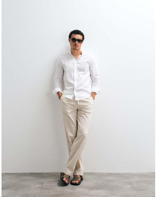 Only & Sons White Linen Mix Grandad Collar Shirt for men