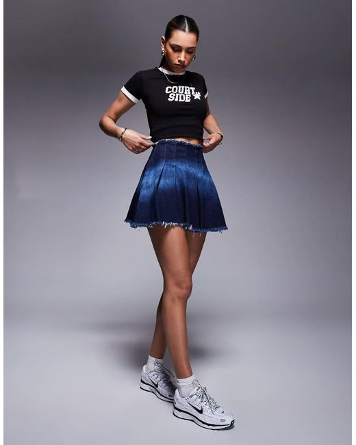 Courtside Blue Pleated Denim Mini Skirt With Stone Wash Detail