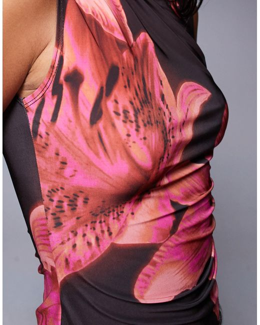 Top d'ensemble froncé près du corps à ourlet asymétrique et col montant - imprimé fleurs ASOS en coloris Blue