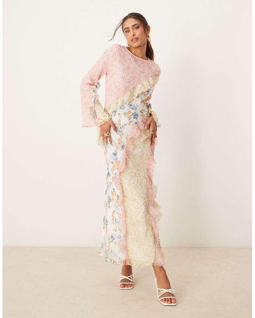 ASOS Maxi Jurk Met Gesplitste Naden Met Ruches in het Natural