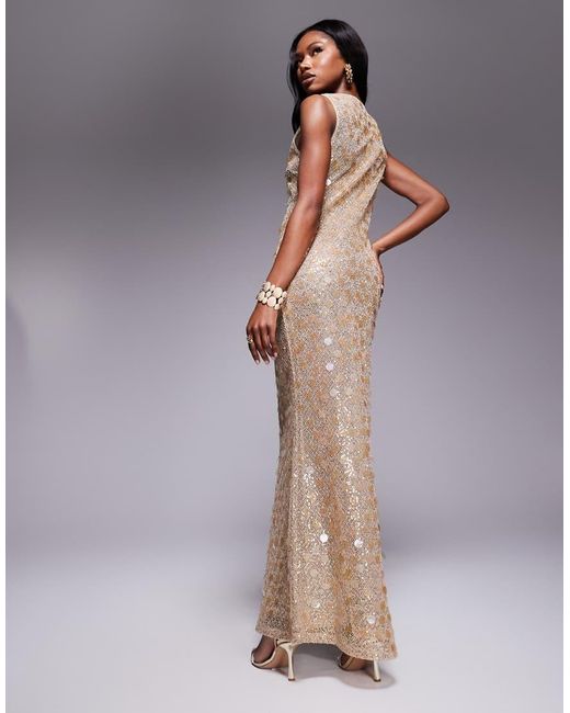 ASOS Metallic Statement Embellished Textured Plunge Maxi Dress With Mixed Sequins