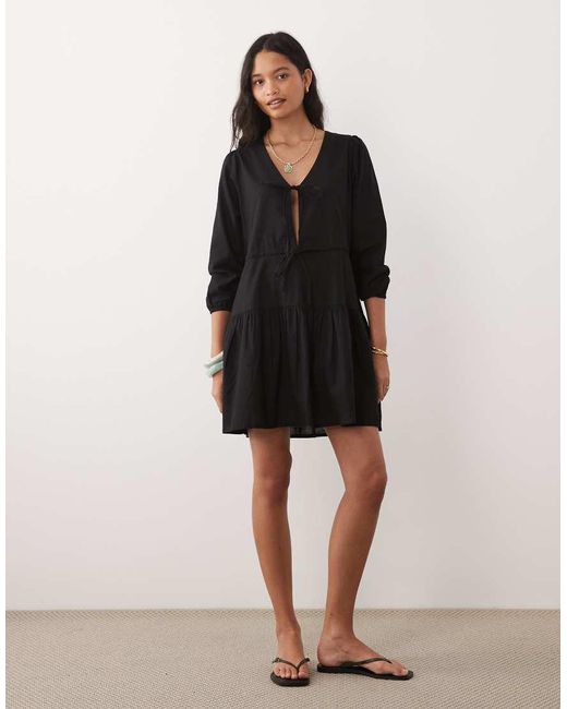 esmé studios Black Esmee Tie Front Tiered Mini Beach Dress