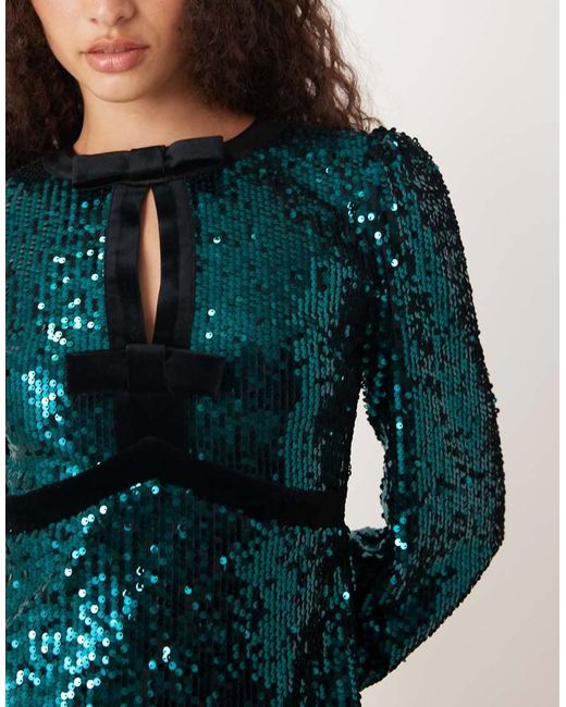 Lovedrobe Blue Fully Embellished Velvet Bow Detail Mini Dress