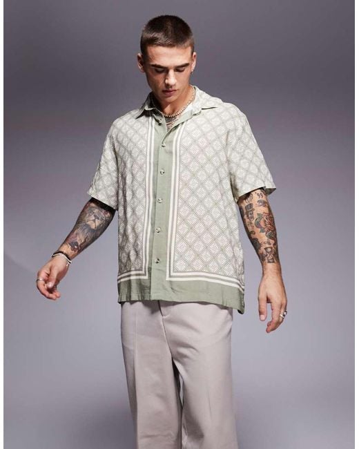 River Island Gray Geometric Border Print Shirt for men