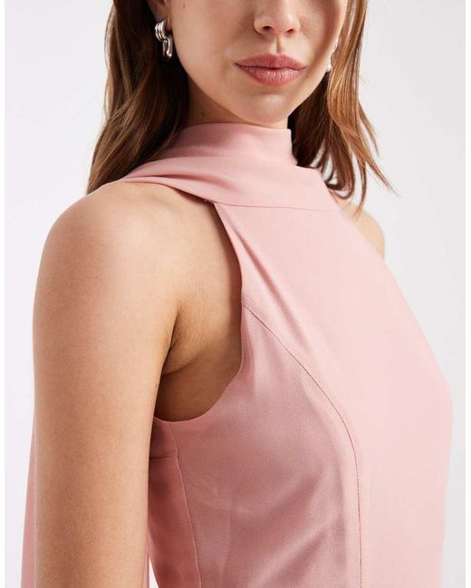 TFNC London Pink Bridesmaid Chiffon Halter Neck Scarf Detail Maxi Dress With Sheer Skirt
