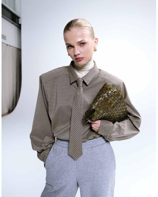 Lioness Natural Notting Hill Cotton Oversized Shoulder Pad Detail Multiway Button Front Shirt With Tie