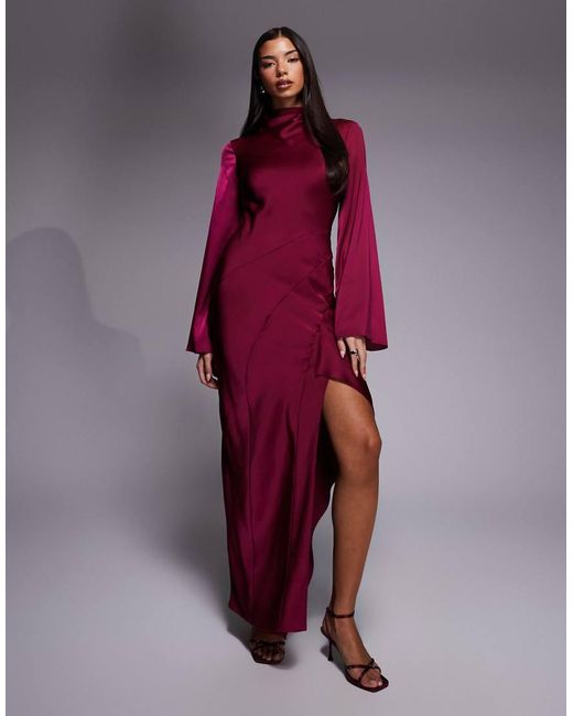 ASOS Purple Satin Seam Detail Maxi Dress With Frill Detail