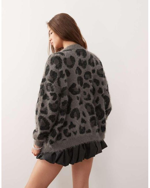 Noisy May Gray Brushed Knit Leopard Cardigan