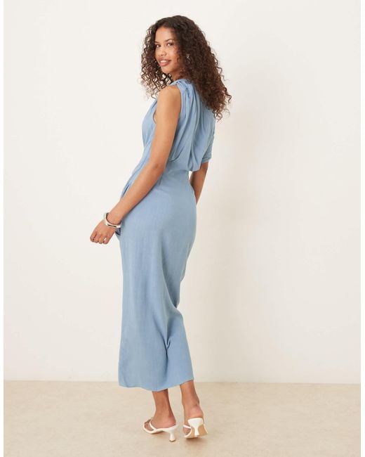 ASOS Blue Linen Mix Fallen Twist Shoulder Wrap Skirt Detail Midi Dress