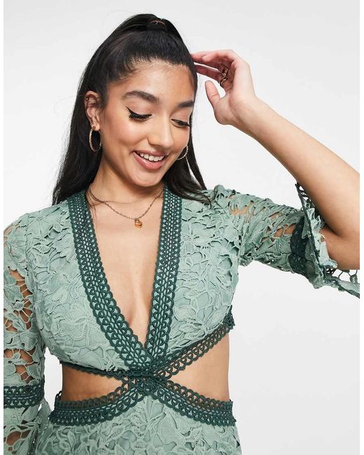 ASOS Green Lace Mini Dress With Circle Trim And Cut Out Detail