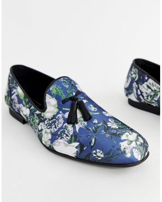 ASOS Blue Loafers In Navy Floral Print With Tassels for men