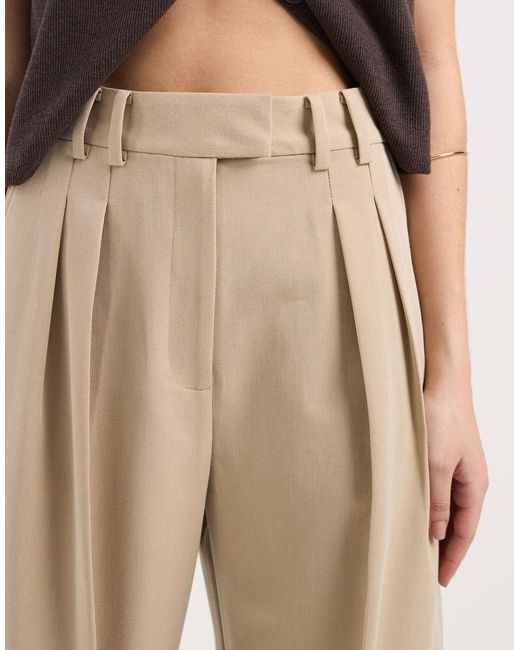 ASOS Natural Tailored Wide Leg Trousers With Pleat Detail