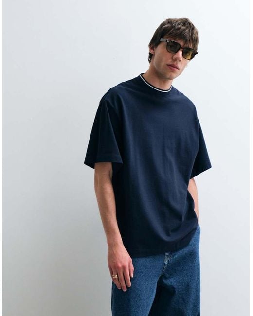 ASOS COLLECTIVE Blue Heavyweight Relaxed Pique T-shirt With Tipping for men