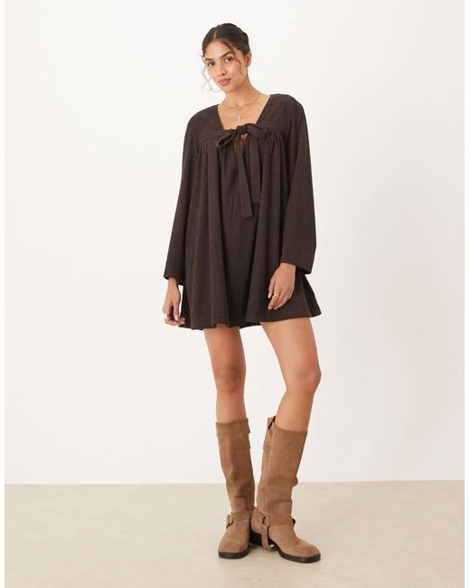ASOS White Corduroy Tie Front Mini Smock Dress