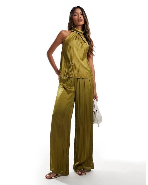 River Island Green Plisse Satin Wide Leg Trouser Co-Ord