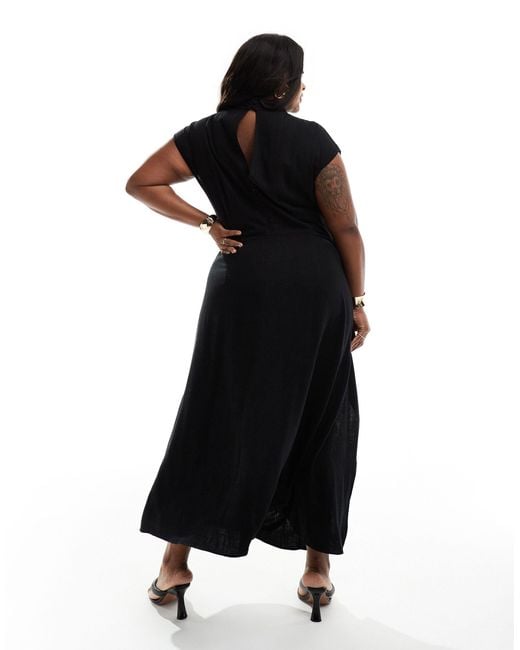 ASOS Black Asos Design Curve Linen Grown On Sleeve High Neck Midi Dress