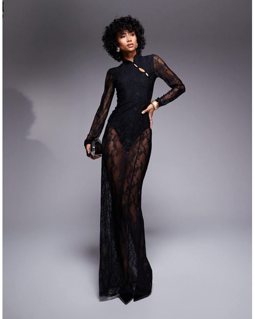 ASOS Blue Collar Detail Long Sleeve Sheer Lace Maxi Dress With Bodysuit