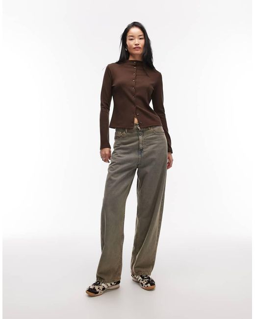 ASOS Brown Long Sleeve Buttoned Front Top