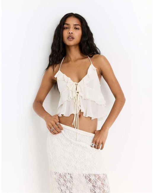 Pull&Bear Natural Ruffled Top With Bow