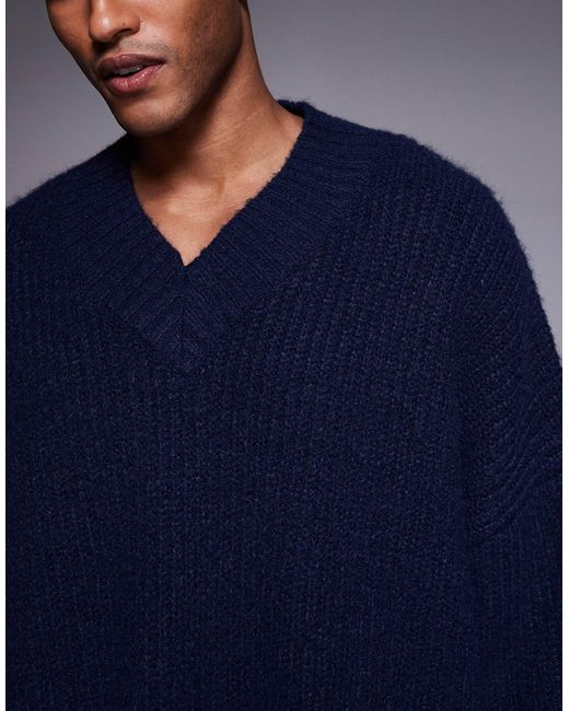 ASOS Blue Super Oversized Knitted V-neck Jumper for men