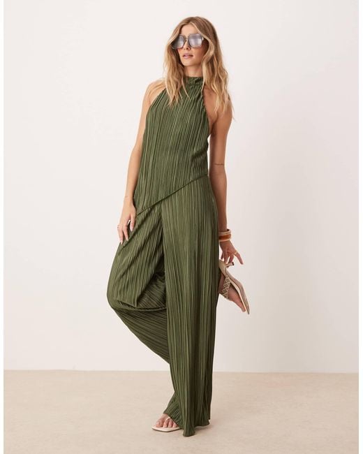 ASOS Green Plisse Halter Neck Wide Leg Jumpsuit