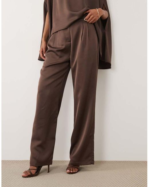 Pretty Lavish Brown Breya Satin Tailored Wide Leg Pants
