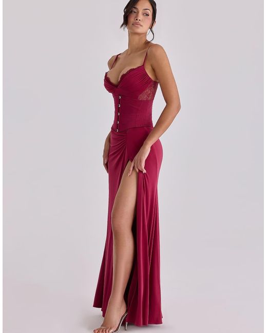 House Of Cb Red Sabrine Wine Lace Trim Maxi Dress + Corset