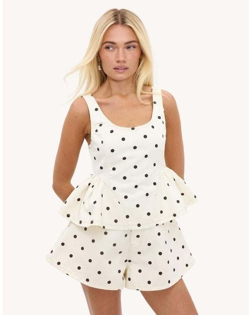 Loavies White Shimmering Devotion Off- Peplum Top With Polka Dots