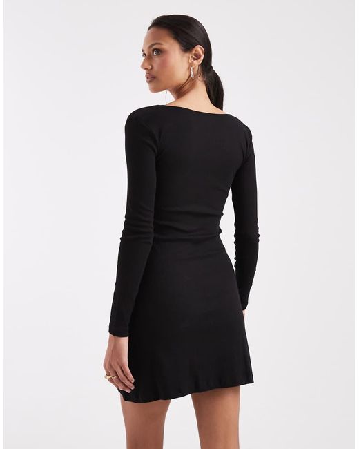Brave Soul Black Long Sleeve Jersey Mini Dress With Tie Front Detail