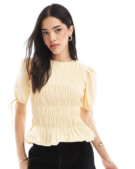 ASOS Top Met Pofmouwen En Smokwerk in het Natural