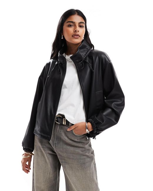 ASOS Women's Black Leather Look Ruched Funnel Neck Bomber