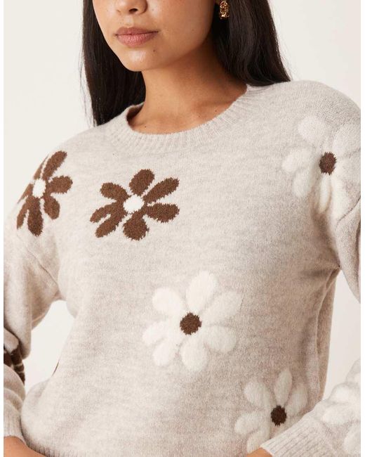 Brave Soul Natural Crew Neck Knitted Jumper With Flower Detail