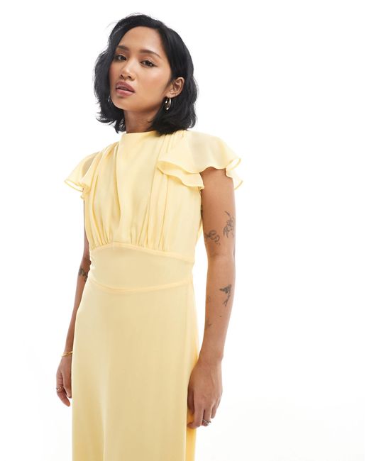 TFNC London Yellow Bridesmaid Flutter Sleeve Cowl Back Chiffon Maxi Dress