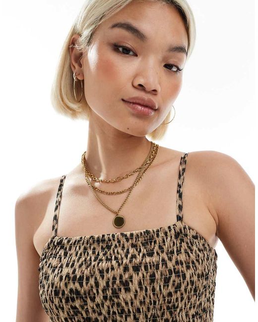 Vestito Lungo Arricciato Con Spalline Sottili E Stampa Leopardata di ONLY in Natural