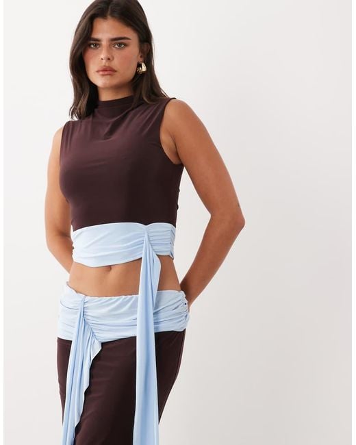 Missy Empire Brown Slinky High Neck Colourblock Drape Waist Detail Top Co-Ord