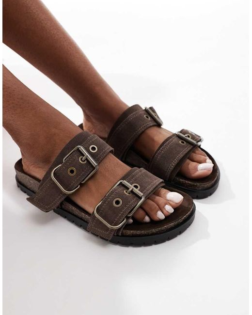 Stradivarius Brown Double Strap Flat Leather Sandal
