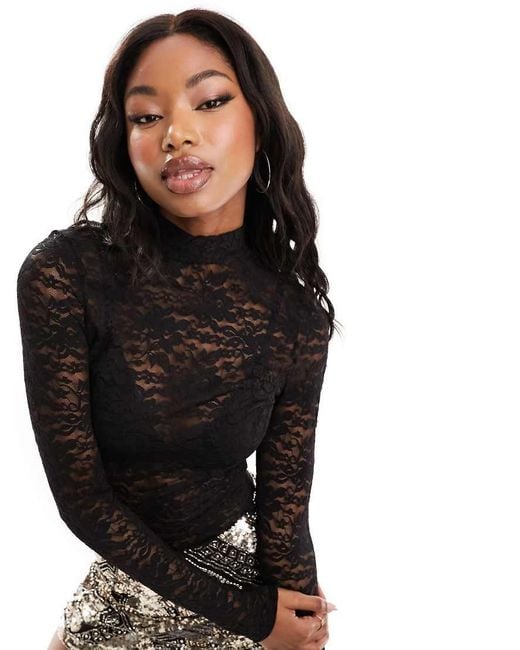 ASOS Black High Neck Long Sleeve Lace Bodysuit