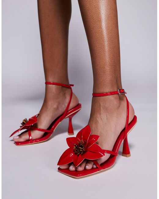 Public Desire Red Public Desire Hydrangea Wide Fit 3d Floral Strappy Mid Heeled Sandals