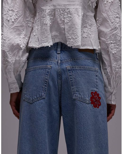 TOPSHOP Blue Mid Rise Loose Fit Jean With Red Floral Embroidery