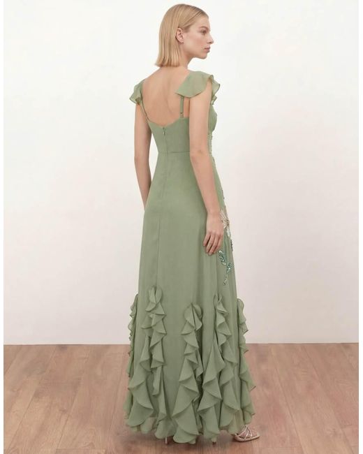 Maya Green Floral Embellished Waterfall Ruffle Maxi Dress
