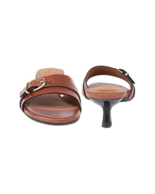 OFF THE HOOK Brown Jackie Leather Kitten Heel Mule Sandals With Buckle Detail