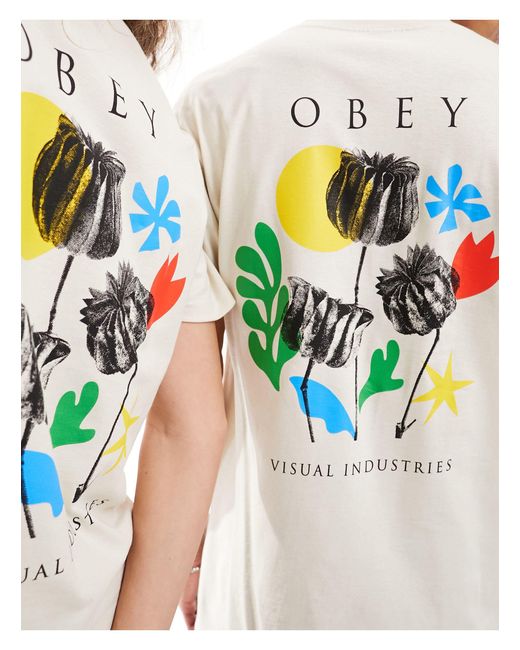 T-shirt unisexe à manches courtes avec motif fleurs - beige Obey en coloris White