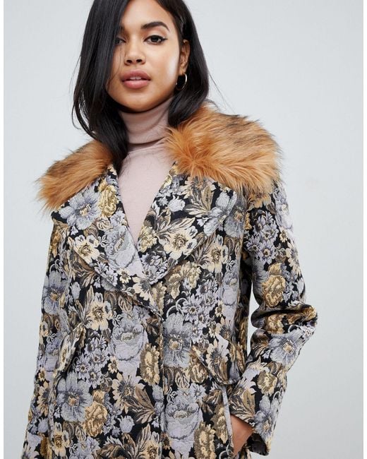 ASOS Tapestry Coat With Faux Fur Collar | Lyst