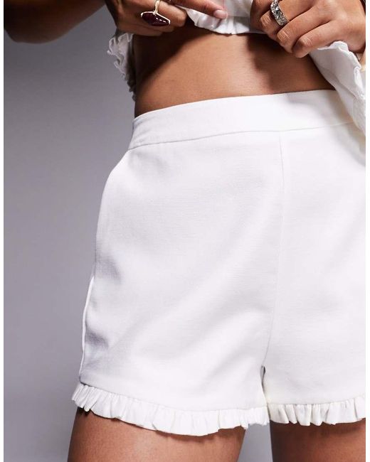 River Island White Frill Detail Linen Shorts Co-ord