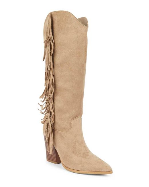 SEQWL Natural Knee High Western Cowboy Boots With Side Tassel Detail
